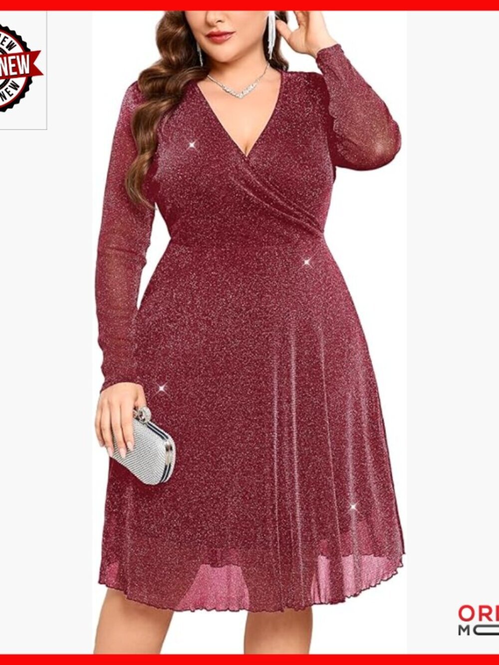 Plus Size Glitter Mesh Long Sleeve Wrap V Neck A Line Dress